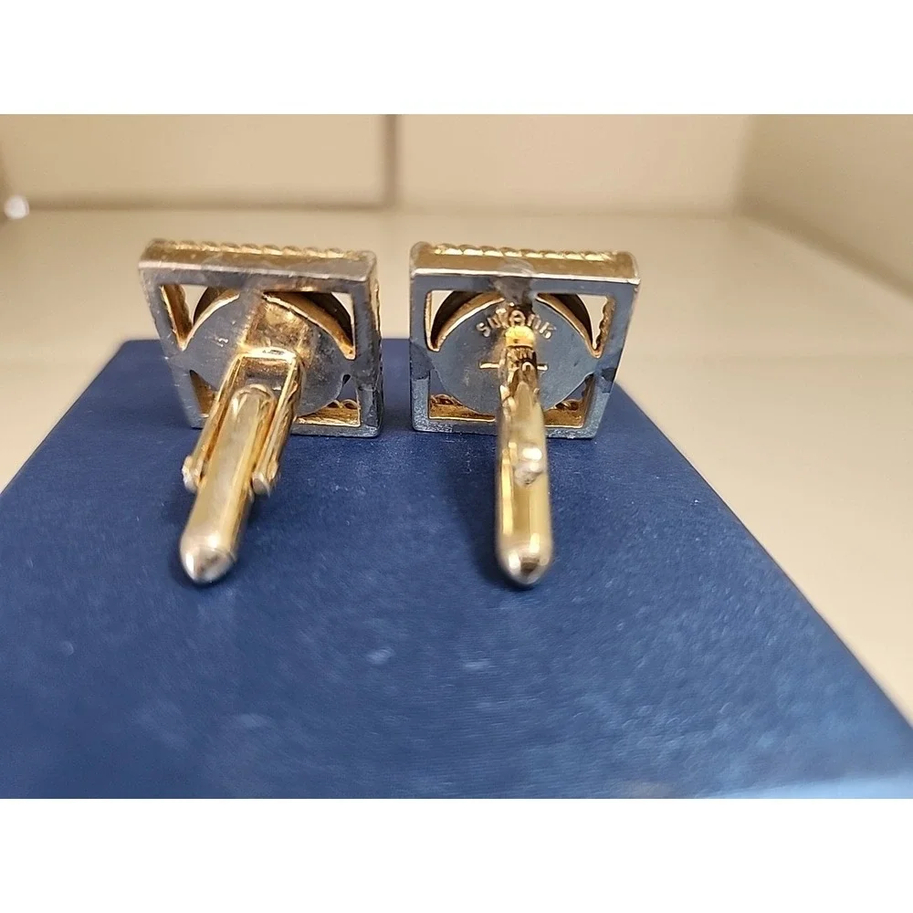 Vintage Cat's Eye Cufflinks & Tie Bar Set Retro Cool Square/Rectangle Gold Tone